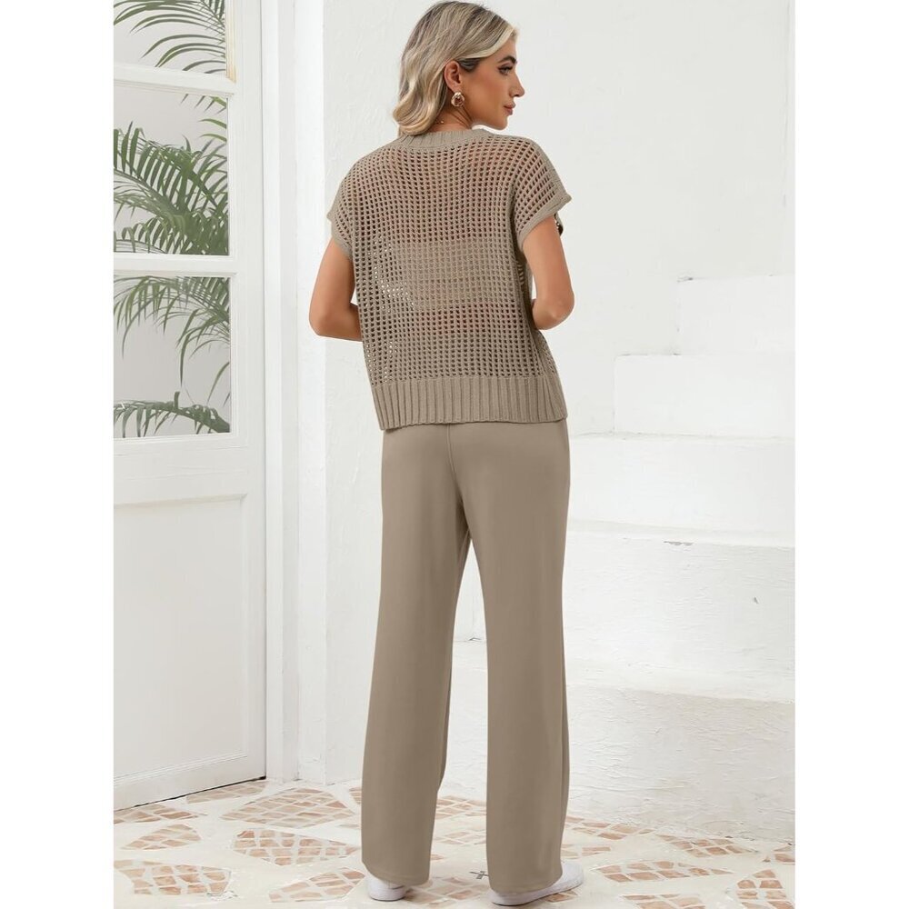 Women Crochet Sheer Knit Sweater Top Wide Leg Pants Lounge Sets Medium - Picture 7 of 7